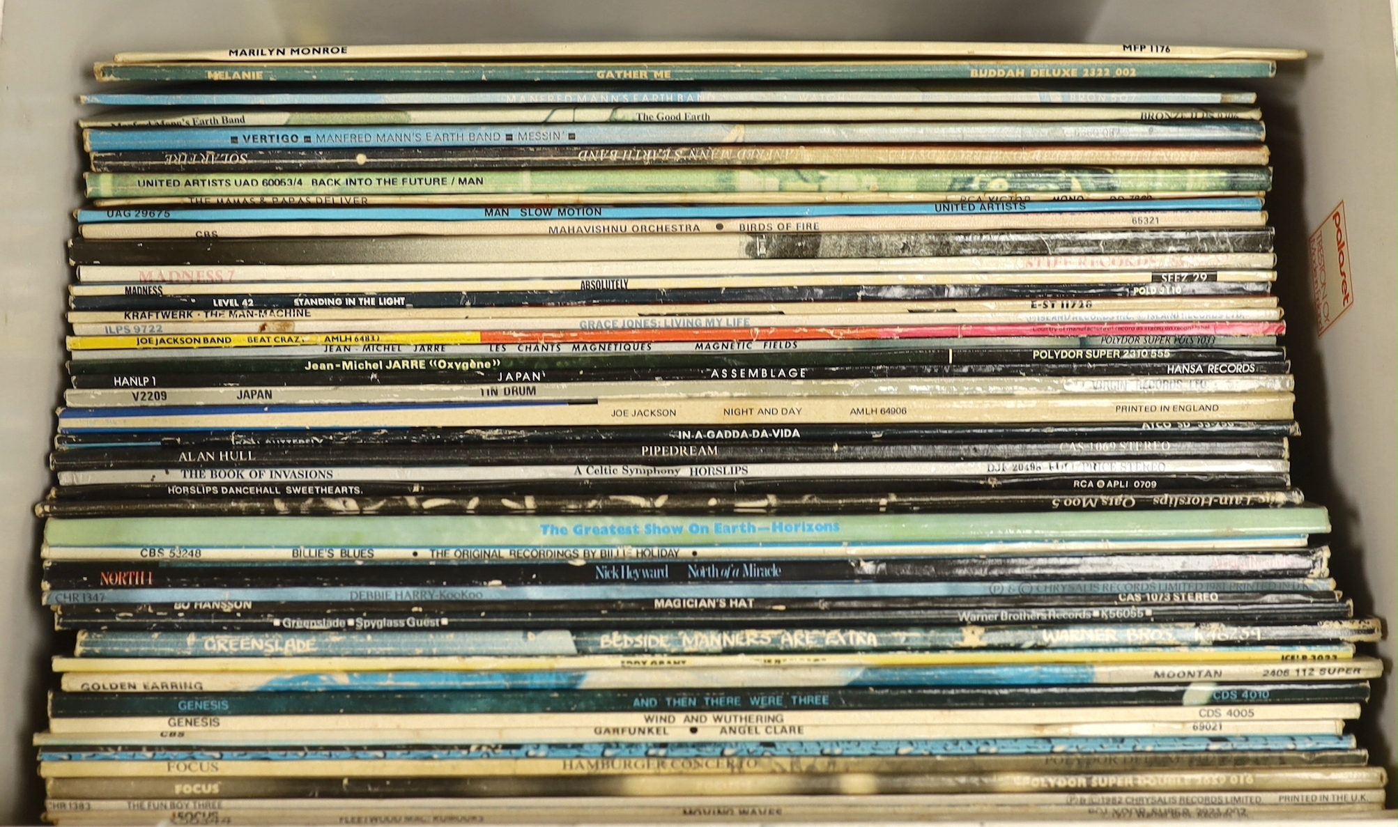 Forty-two LP record albums, artists including; Fleetwood Mac, Focus, Genesis, Debbie Harry, Jean-Michel Jarre, Level 42, Manfred Mann, etc.